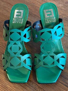 Emanuel Crasto Leather Laser-Cut Wedge Sandals Green Italy-Made Size 38 New